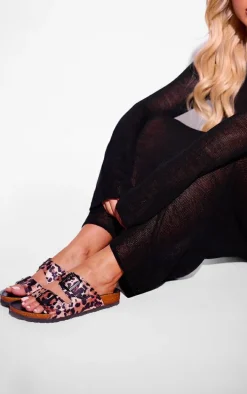 Leopard Satin Round Toe Double Buckle Flat Sandals