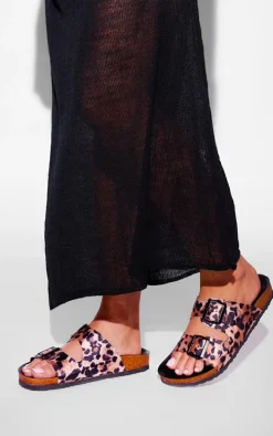 Leopard Satin Round Toe Double Buckle Flat Sandals