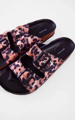 Leopard Satin Round Toe Double Buckle Flat Sandals