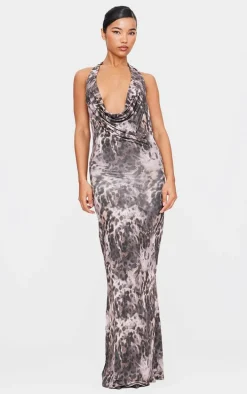 Leopard Slinky Cowl Neck Tie Shoulder Maxi Dress