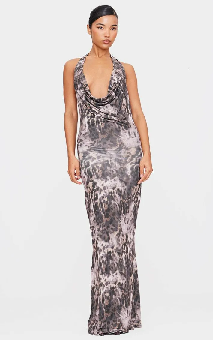 Leopard Slinky Cowl Neck Tie Shoulder Maxi Dress