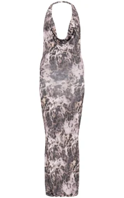 Leopard Slinky Cowl Neck Tie Shoulder Maxi Dress