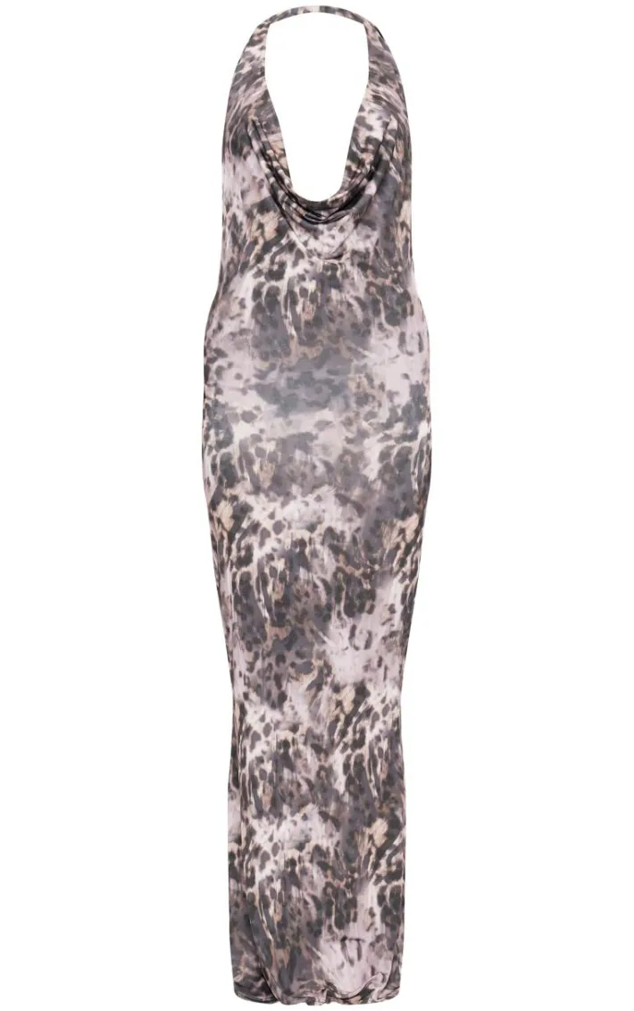 Leopard Slinky Cowl Neck Tie Shoulder Maxi Dress