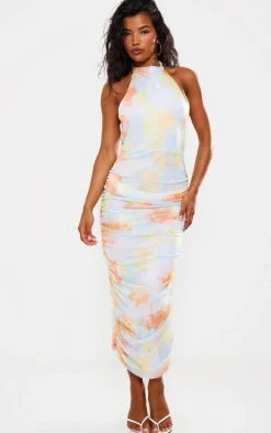 Light Blue Abstract Mesh Halterneck Ruched Maxi Dress