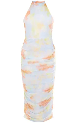 Light Blue Abstract Mesh Halterneck Ruched Maxi Dress