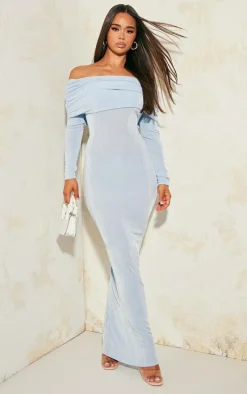 Light Blue Acetate Slinky Bardot Long Sleeve Maxi Dress