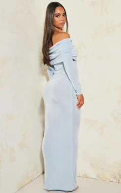Light Blue Acetate Slinky Bardot Long Sleeve Maxi Dress