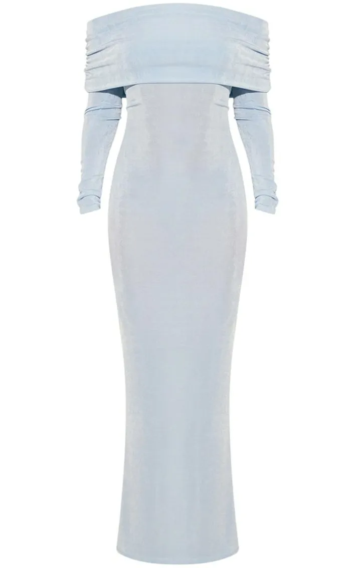 Light Blue Acetate Slinky Bardot Long Sleeve Maxi Dress