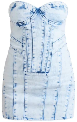 Light Blue Acid Wash Seam Detail Strapless Denim Mini Dress