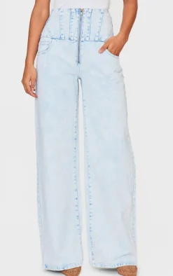 Light Blue Acid Wash Seam Detail Corset Waist Jeans
