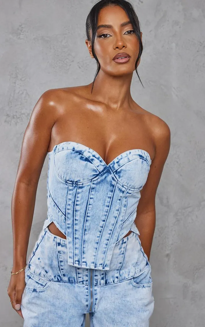 Light Blue Acid Wash Seam Detail Corset Denim Top