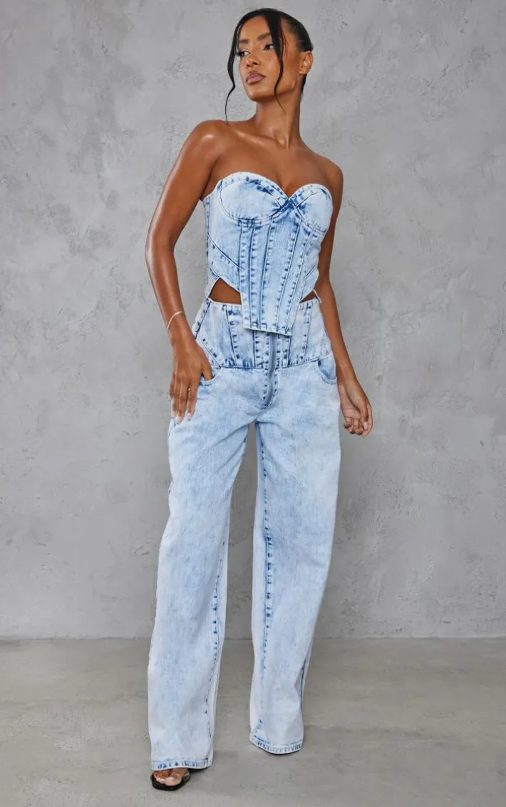 Light Blue Acid Wash Seam Detail Corset Denim Top