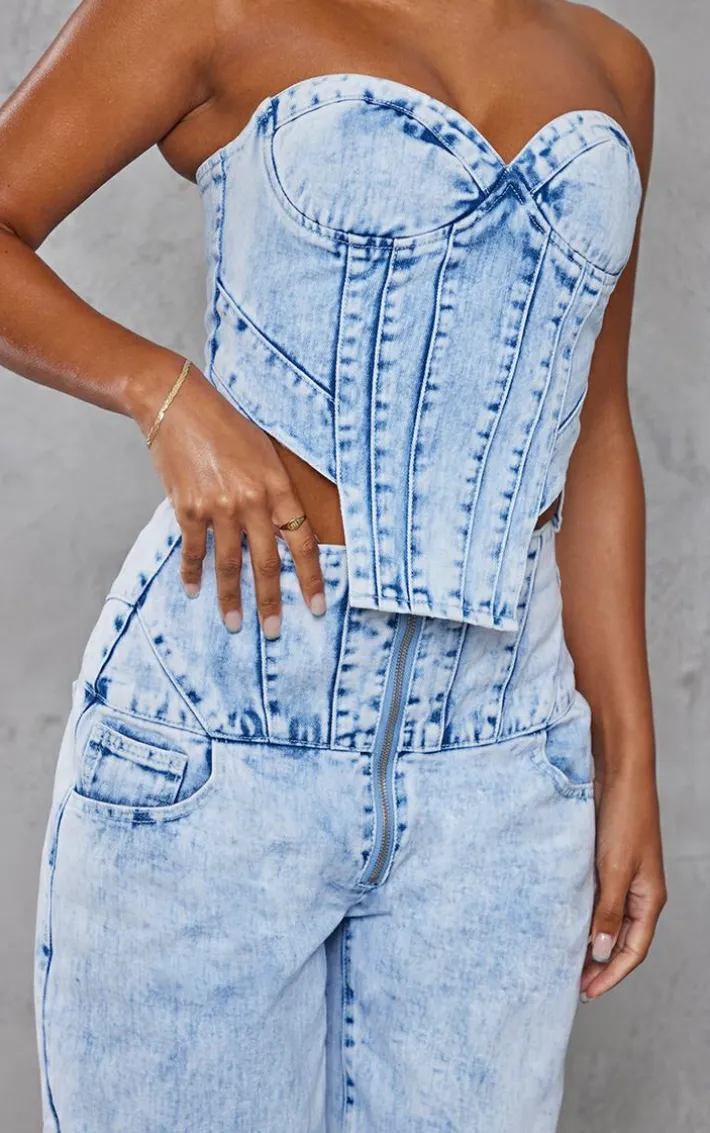 Light Blue Acid Wash Seam Detail Corset Denim Top