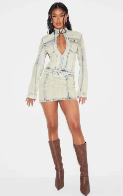 Light Blue Acid Wash Seam Detail Buckle Neck Racer Denim Jacket