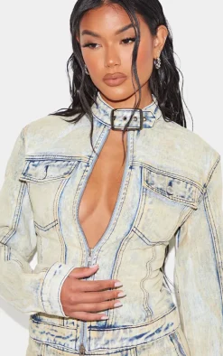 Light Blue Acid Wash Seam Detail Buckle Neck Racer Denim Jacket