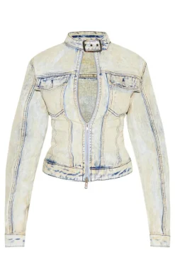 Light Blue Acid Wash Seam Detail Buckle Neck Racer Denim Jacket