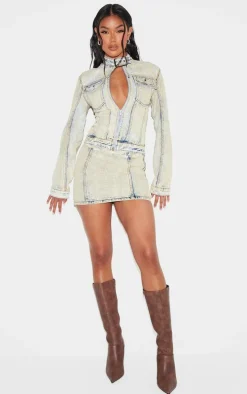 Light Blue Acid Wash Seam Detail Denim Mini Skirt