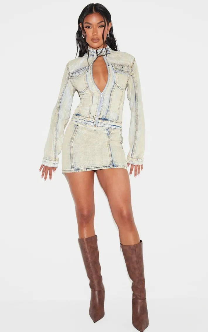 Light Blue Acid Wash Seam Detail Denim Mini Skirt