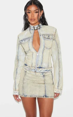 Light Blue Acid Wash Seam Detail Denim Mini Skirt