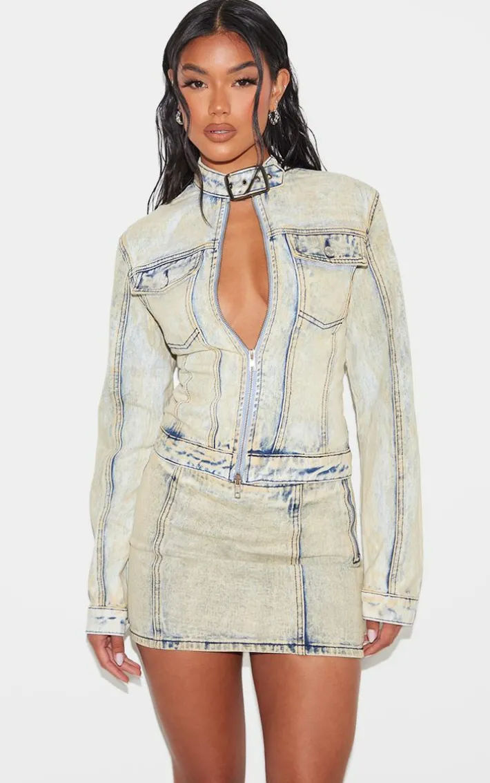 Light Blue Acid Wash Seam Detail Denim Mini Skirt