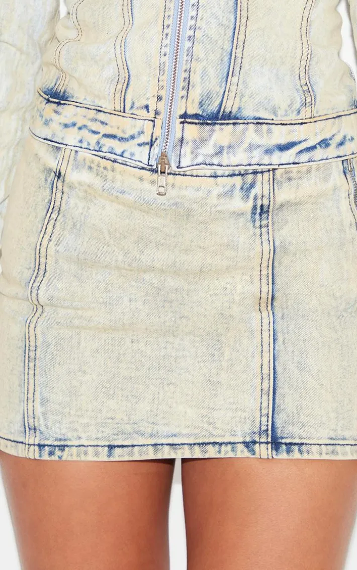 Light Blue Acid Wash Seam Detail Denim Mini Skirt