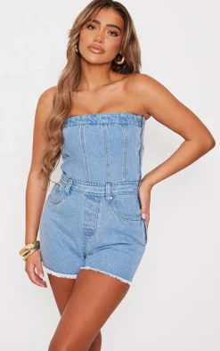 Light Blue Bandeau Raw Edge Denim Romper