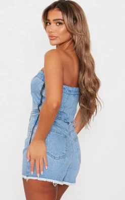 Light Blue Bandeau Raw Edge Denim Romper
