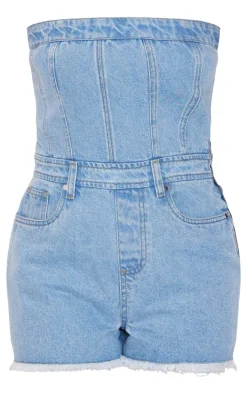Light Blue Bandeau Raw Edge Denim Romper