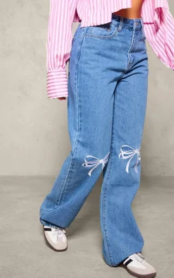 Light Blue Bow Detail Embroidered Denim Jeans