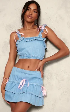 Light Blue Bow Detail Frill Sleeve Crop Top