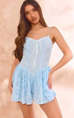 Light Blue Broderie Ribbon Detail Strappy Shift Romper