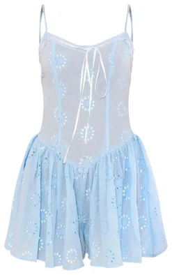 Light Blue Broderie Ribbon Detail Strappy Shift Romper