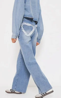 Light Blue Chiffon Heart Pocket Detail Wide Leg Jean