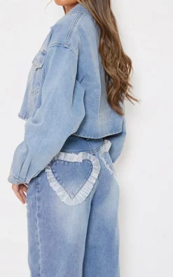 Light Blue Chiffon Heart Pocket Detail Wide Leg Jean