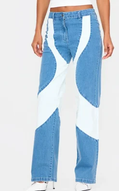 Light Blue Contrast Panel Detail Straight Leg Jeans