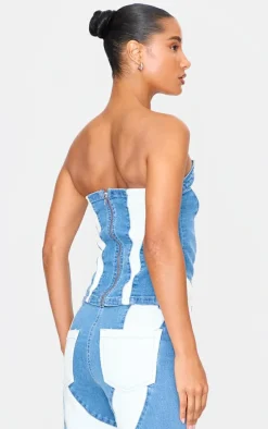 Light Blue Contrast Panel Detail Corset Crop Top