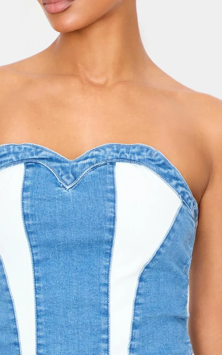 Light Blue Contrast Panel Detail Corset Crop Top