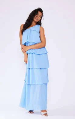 Light Blue Crinkle One Shoulder Tiered Maxi Dress