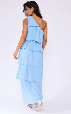 Light Blue Crinkle One Shoulder Tiered Maxi Dress