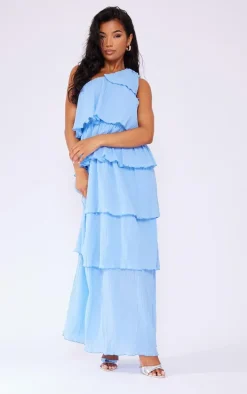 Light Blue Crinkle One Shoulder Tiered Maxi Dress