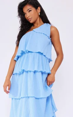 Light Blue Crinkle One Shoulder Tiered Maxi Dress