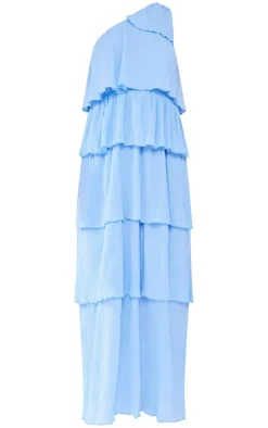Light Blue Crinkle One Shoulder Tiered Maxi Dress