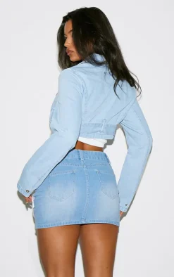 Light Blue Cropped Denim Biker Jacket