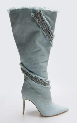 Light Blue Denim Point Toe Diamante Zip High Stiletto Knee High Boots