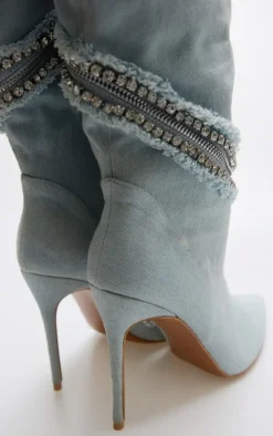 Light Blue Denim Point Toe Diamante Zip High Stiletto Knee High Boots
