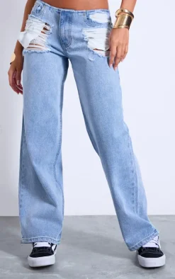 Light Blue Distressed Pocket Detail Straight Leg Jeans