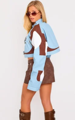 Light Blue Faux Leather Graphic Front Cropped Biker Jacket