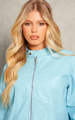 Light Blue Faux Leather Minimalist Racer Jacket