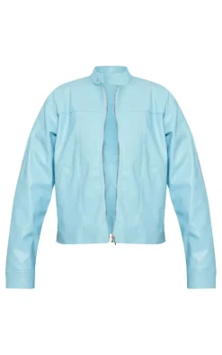 Light Blue Faux Leather Minimalist Racer Jacket