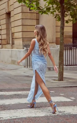 Light Blue Floral Flocked Corset Drape Detail Maxi Dress